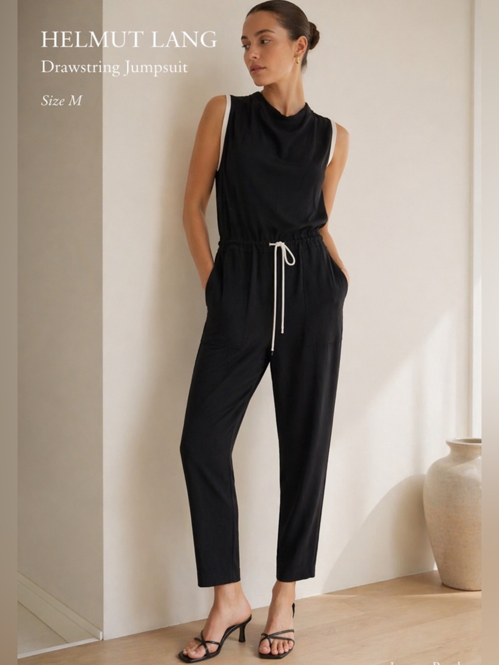 Helmut Lang Black Athletic Jumpsuit Drawstring Waist Sleeveless Minimalist 6